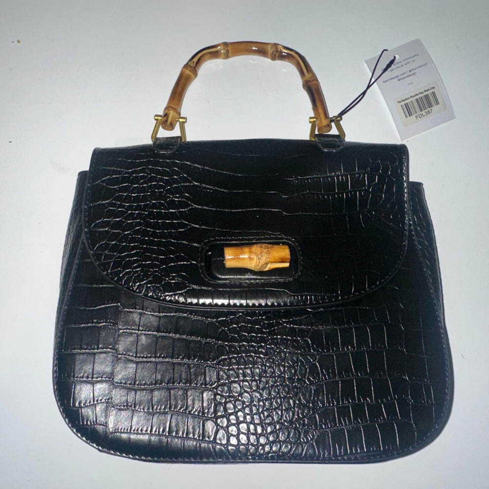 Fawn Design Black Crocodile-Embossed Satchel with Bamboo Handle